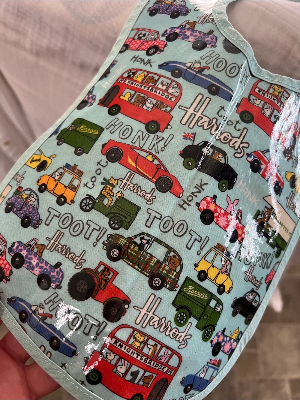 Harrods Mint Blue Baby Bib with Colorful Vehicle Print